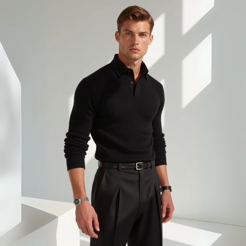 The Catania Ribbed Cotton Knit Polo in Black