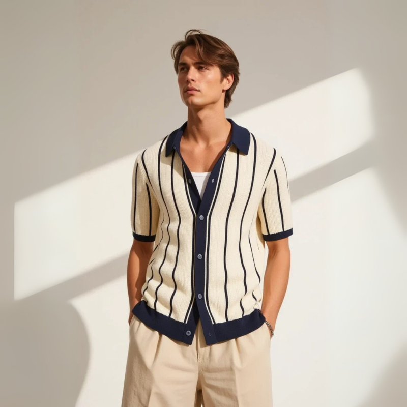 The Positano Cotton Knit Polo in Ivory & Navy