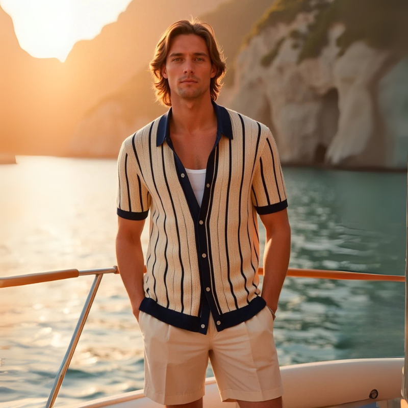 The Positano Cotton Knit Polo in Ivory & Navy