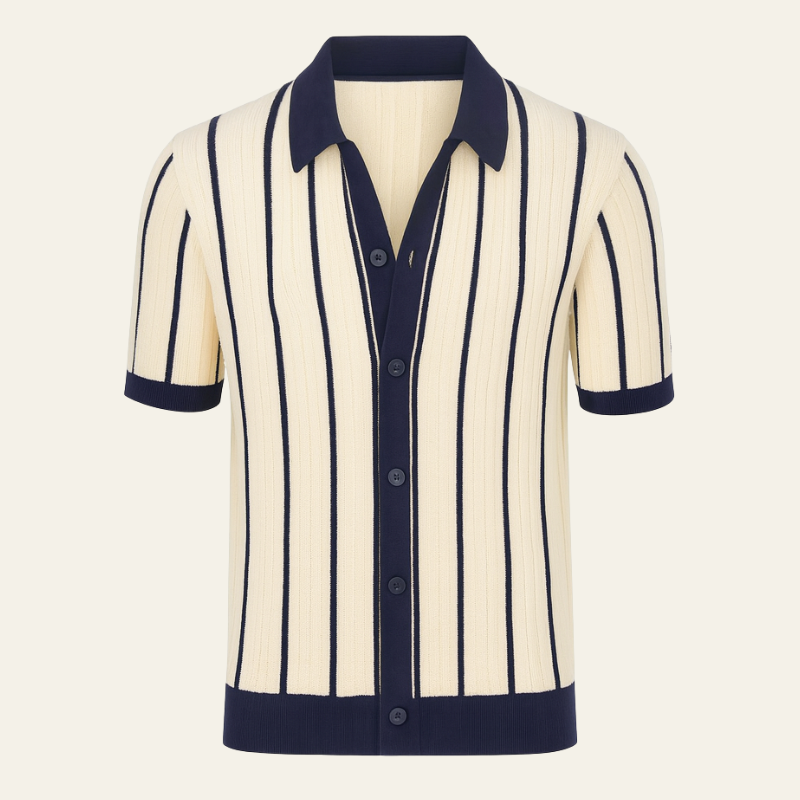 The Positano Cotton Knit Polo in Ivory & Navy
